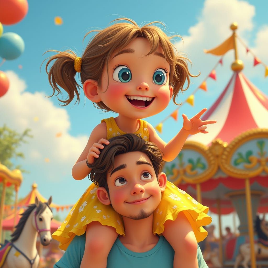 Joyful Girl Rides Father's Shoulders to Circus Fun