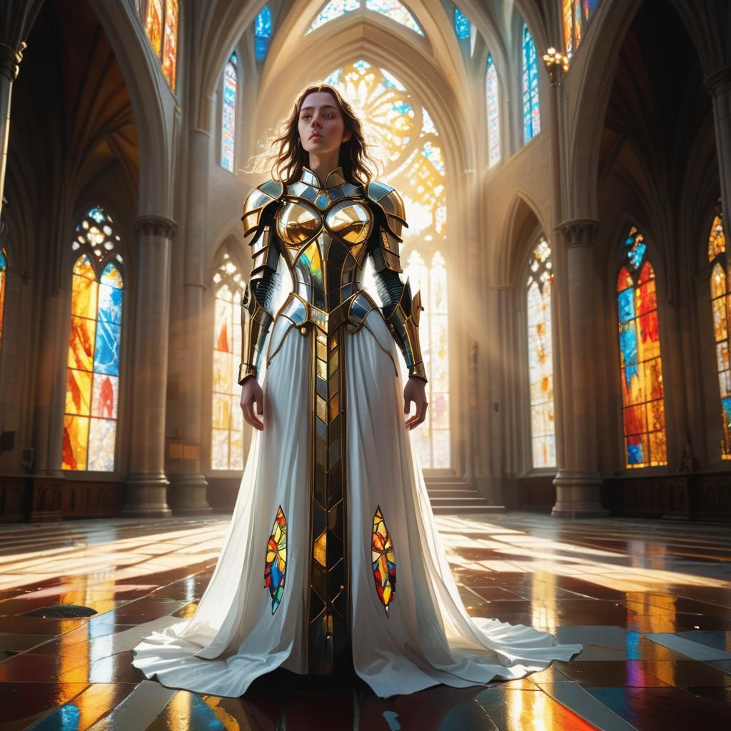 Cathedral Woman in Golden Armor: Digital Art