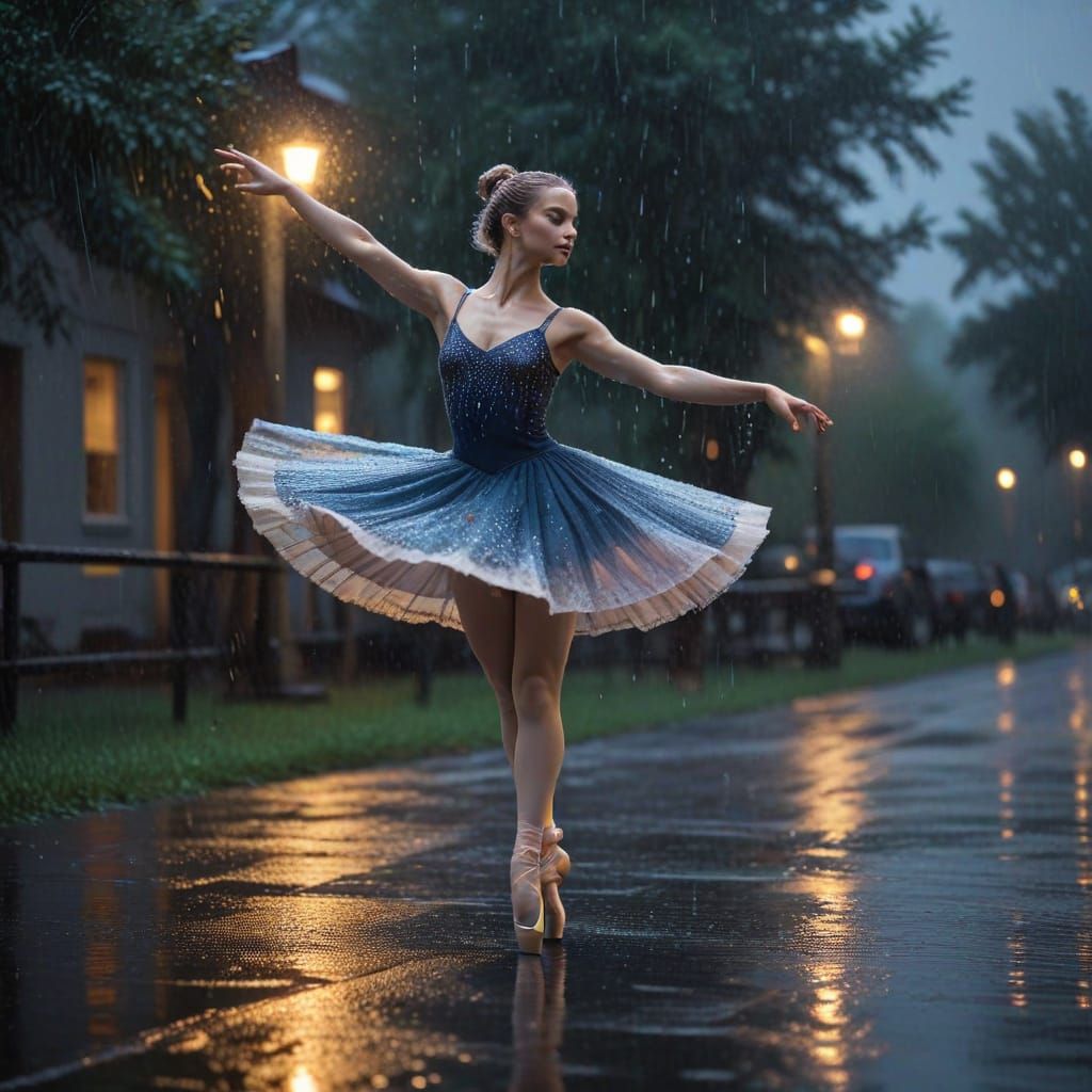Ballerina Dancing in Twilight Rainstorm