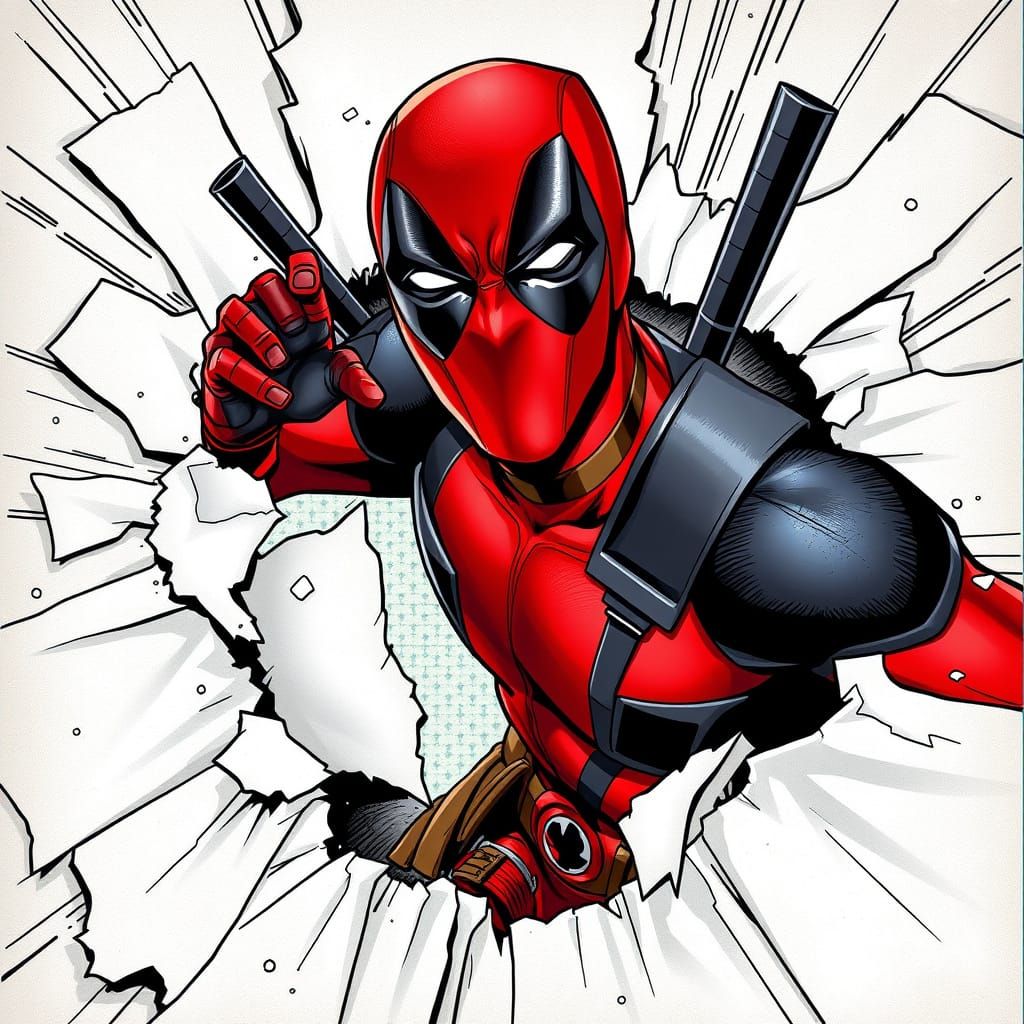 Deadpool Emerges from a Torn Comic Book Page in Vibrant Styl...