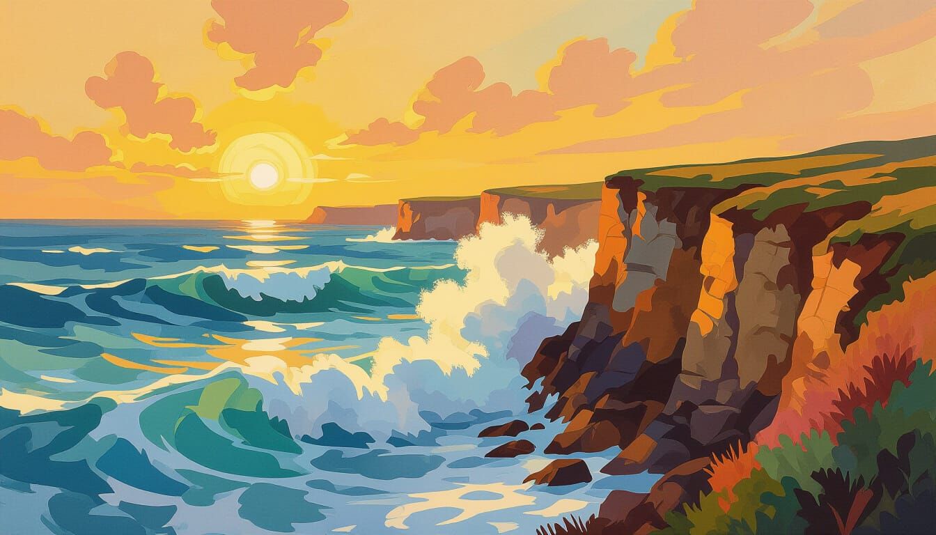 Golden Sunrise Waves on Rugged Coastline