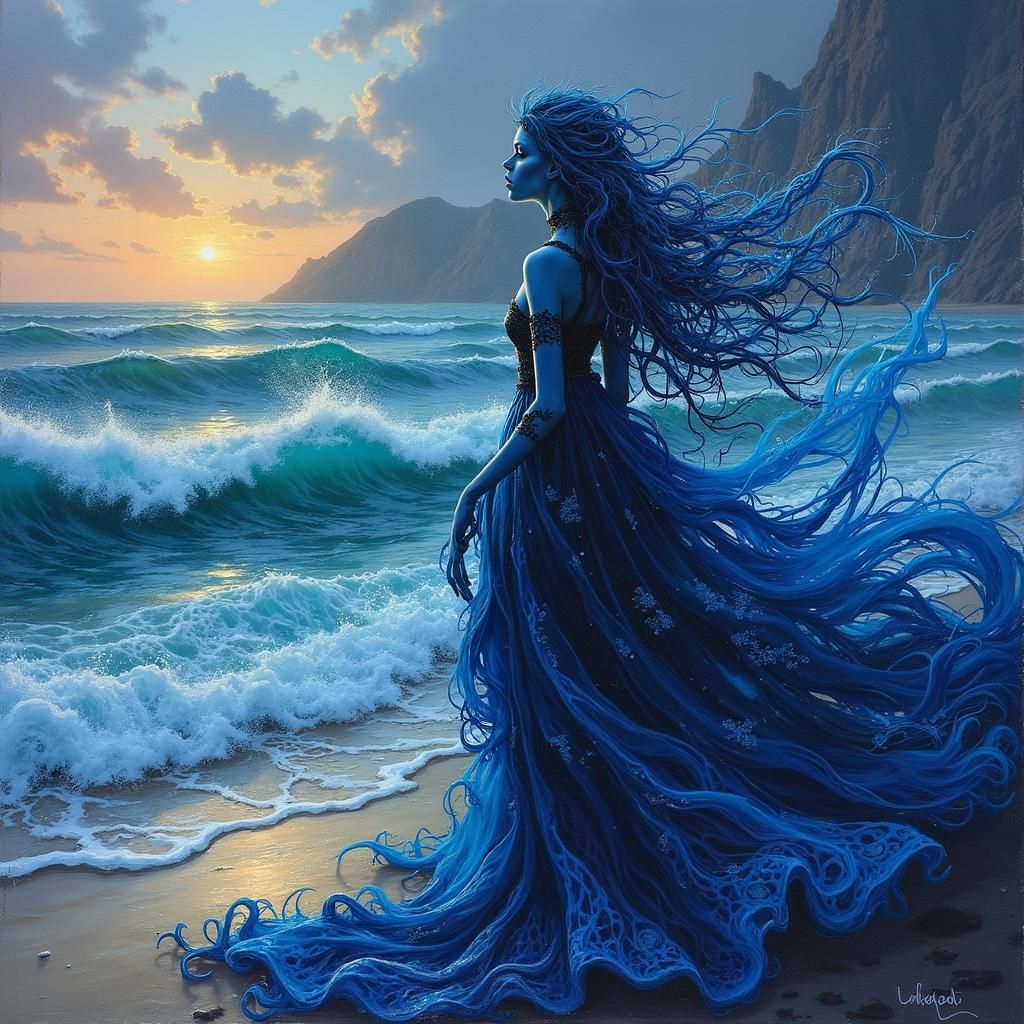 Enigmatic Tiefling on a Rococo Ocean Beach