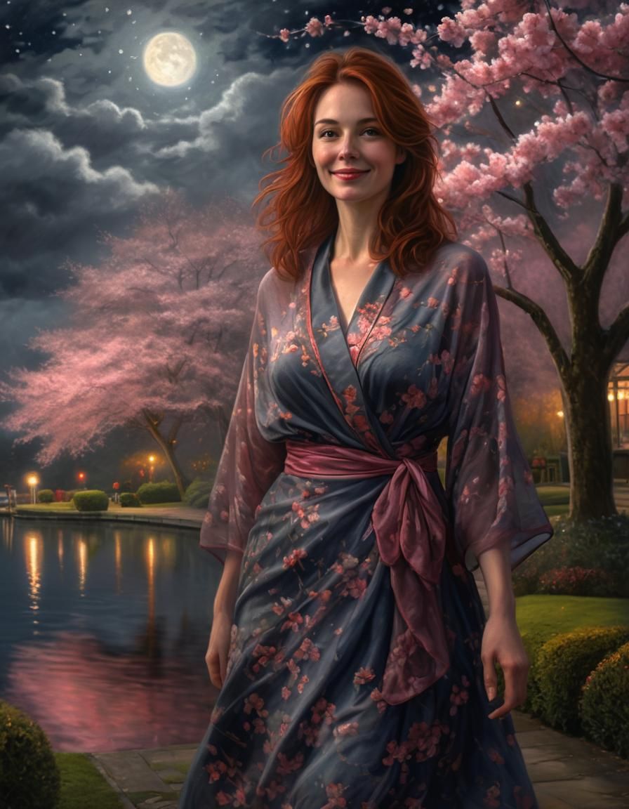 Chiaroscuro Woman in Misty Lakeside Tea Garden