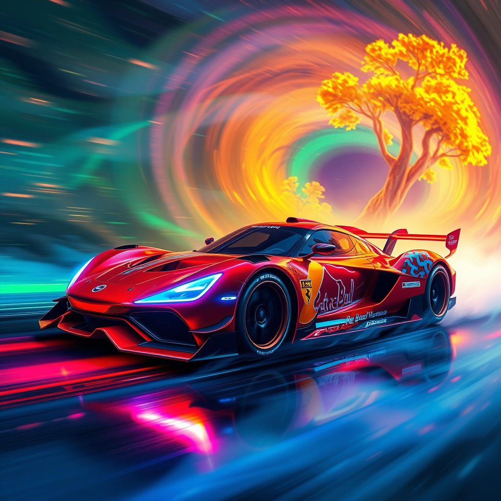 Neon Red Bull Racing Car in Mystical Landscape