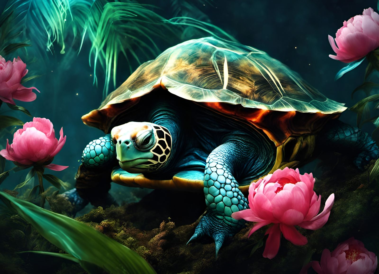 Bioluminescent Turtle Palm Tree Fantasy Art