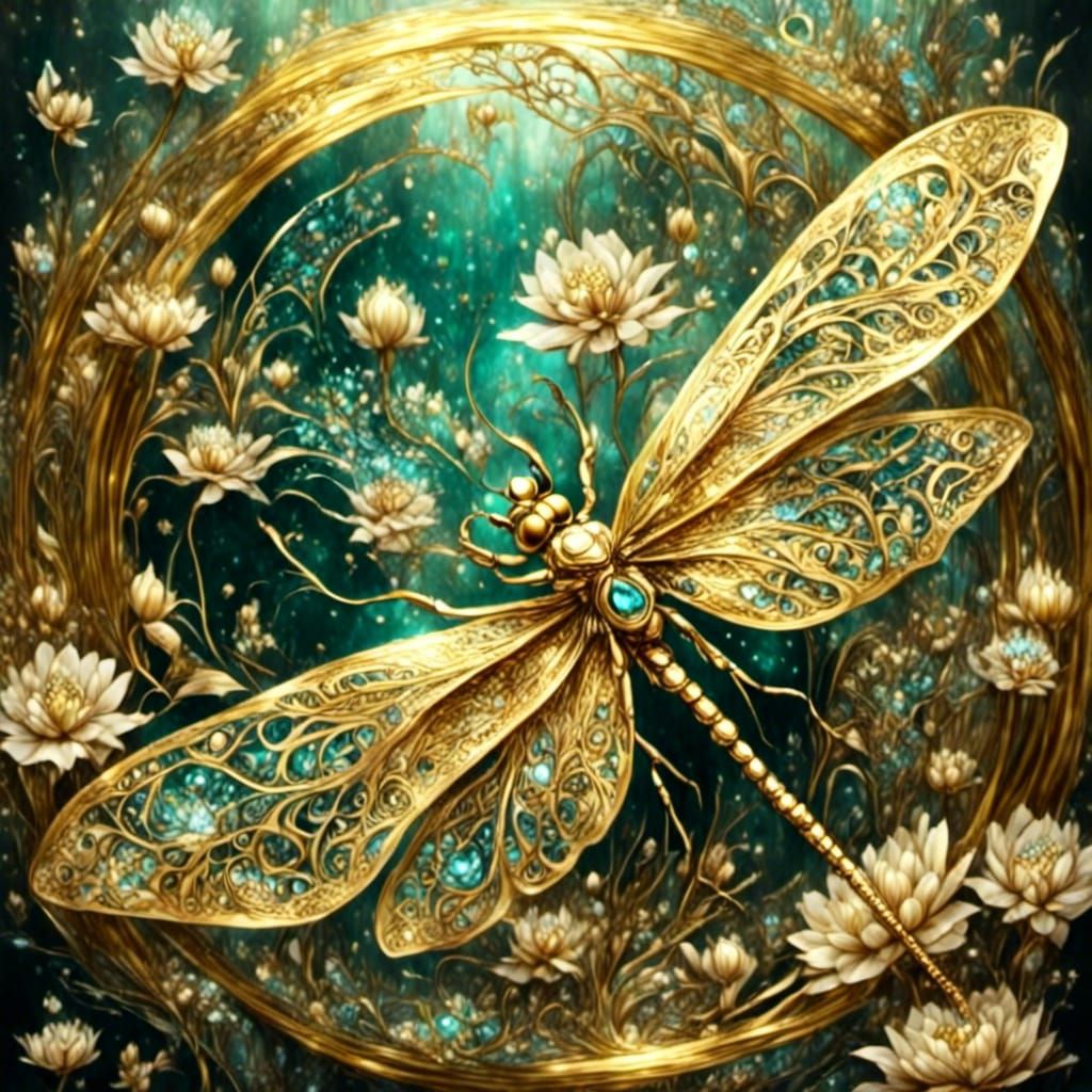 Golden Crystal Dragonfly over Lotus Flower