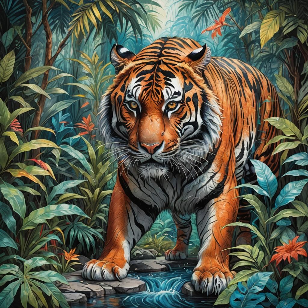 Vivid Tiger in Dense Jungle, Mixed Media Art