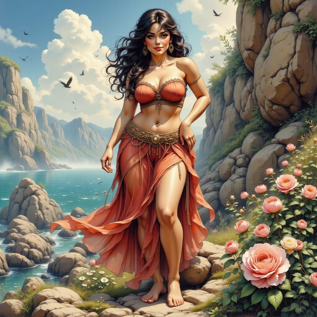 Goddess of the Wild Coast in Vibrant Airbrush Style