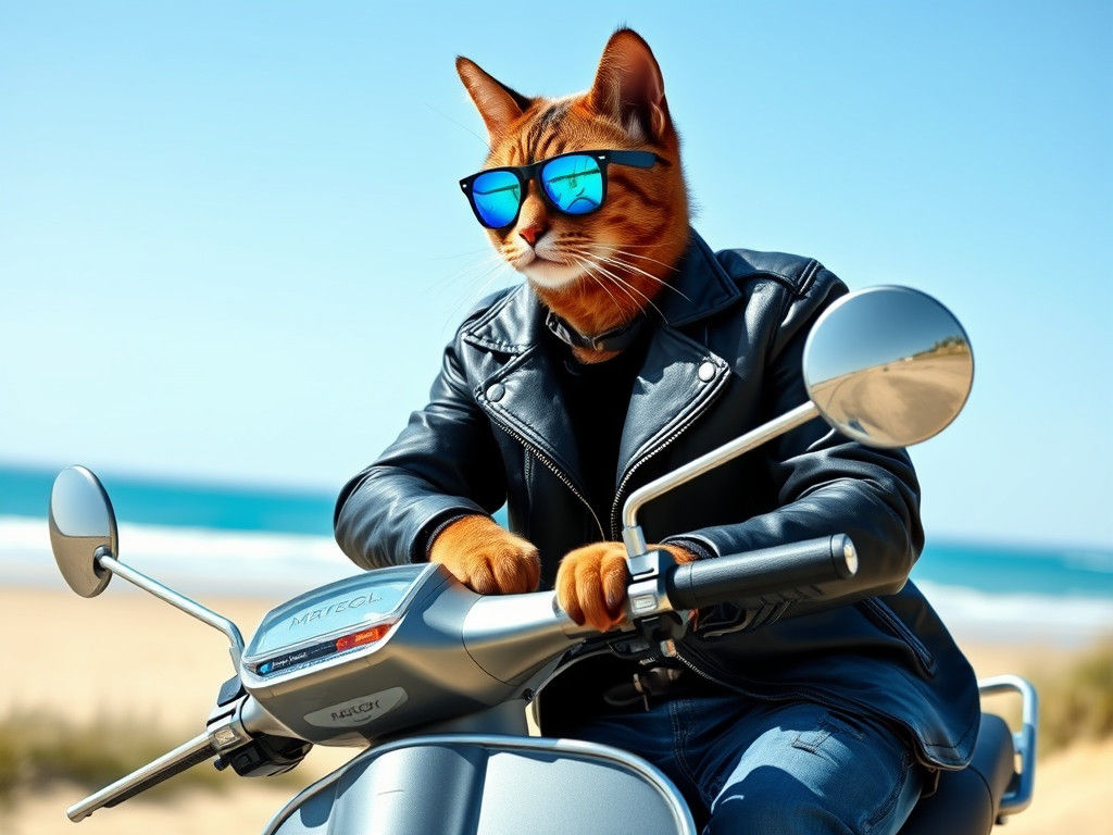 Cool Cat on Scooter Gazing at Beach