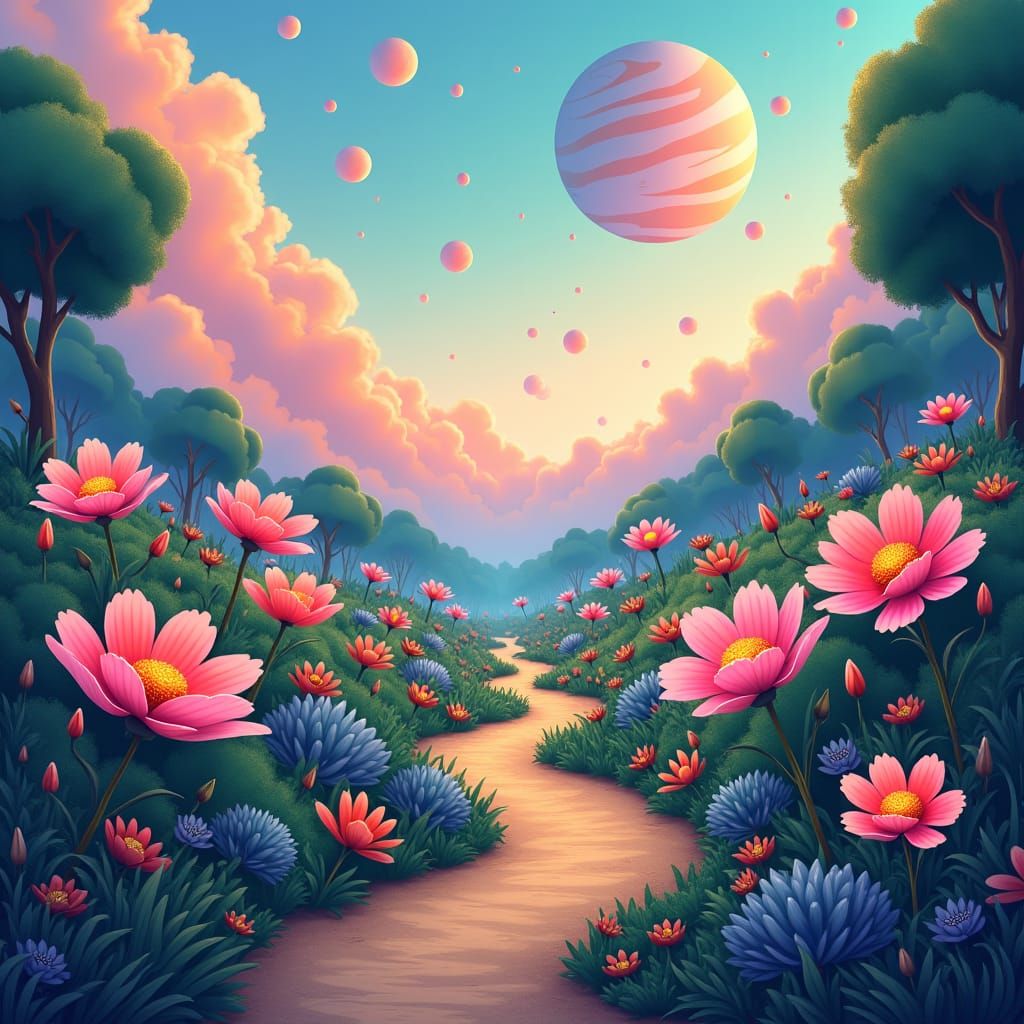 Dreamy Garden Landscape at Twilight in Digital Art Style