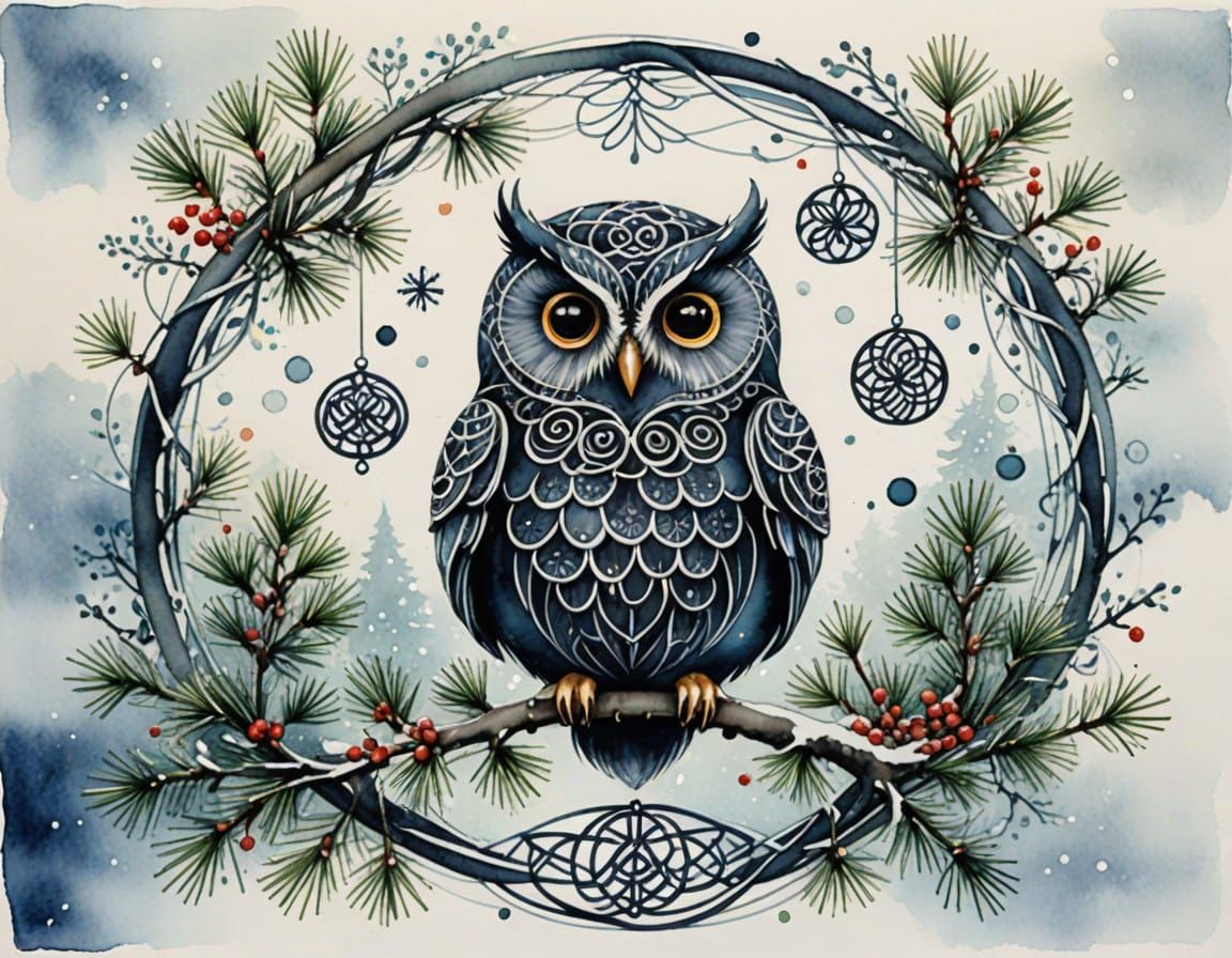 Whimsical Winter Scene with Owls and Celtic Knots in Aquarel...