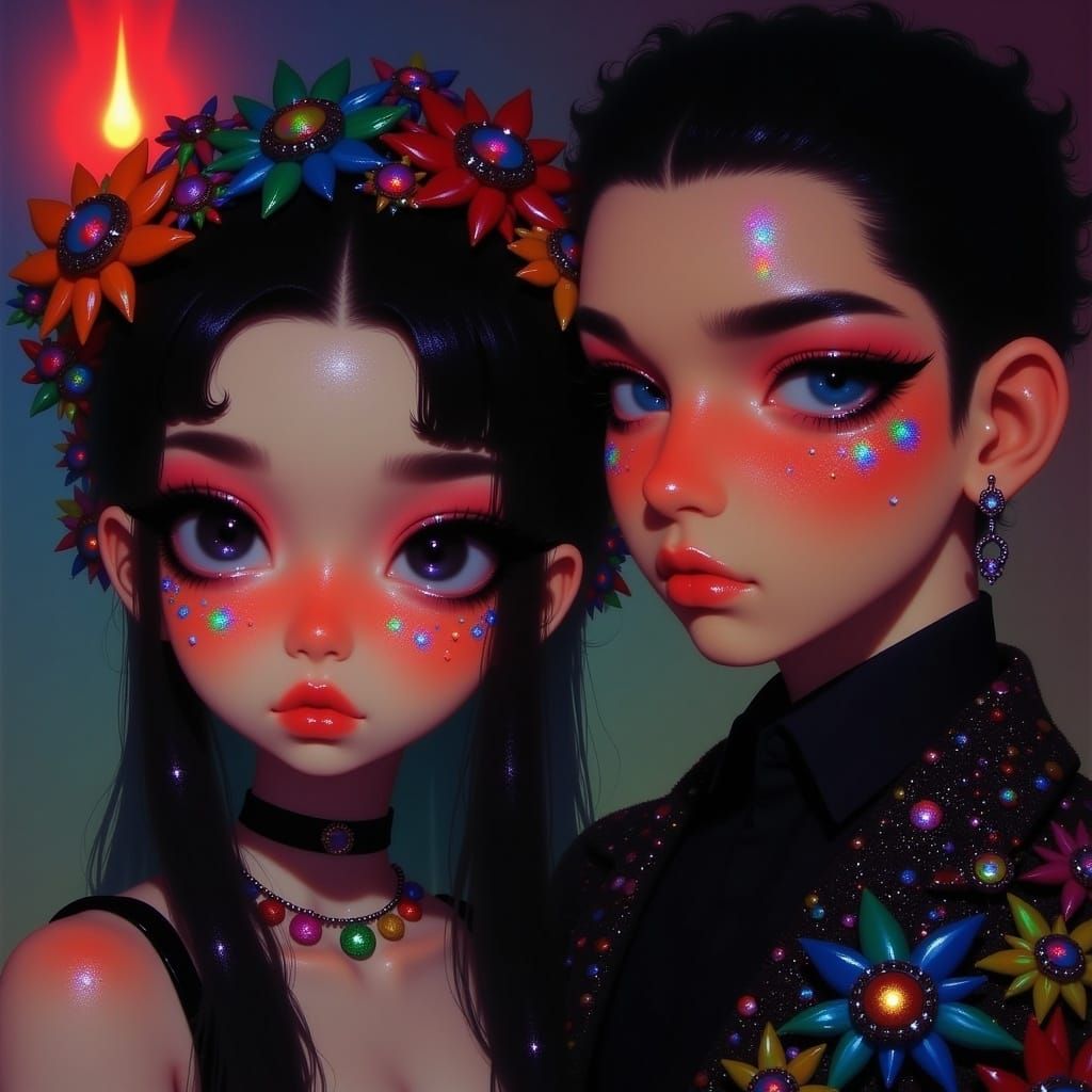 <lora:Big Eyes:1.0> Big eyed woman and a man wearing florescent floral glitter beaded embroidered holographic iridescent...