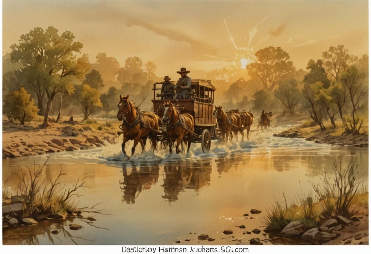 Wild West Wagon River Crossing in Comic Book Art