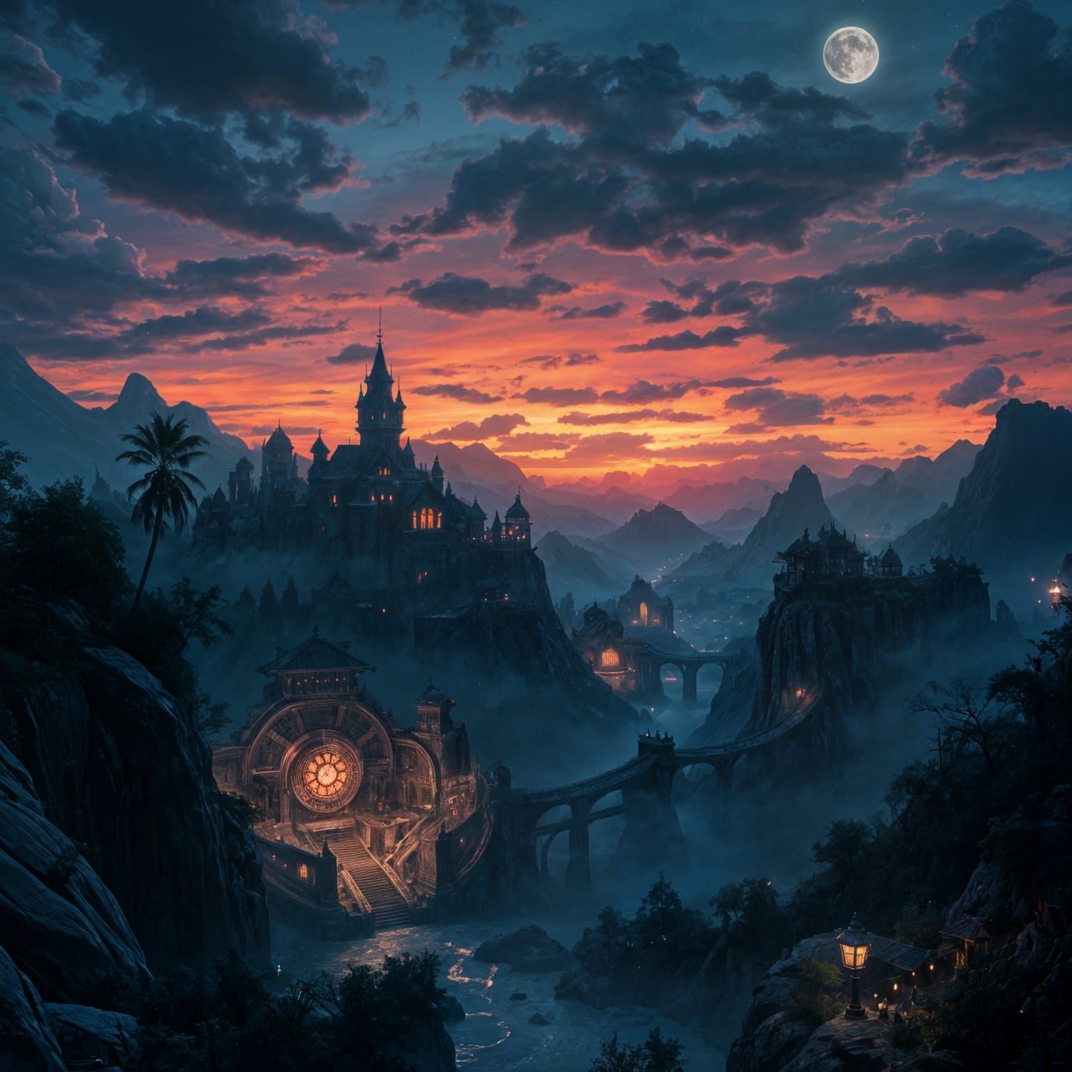 Fantastical Nighttime Scene in Deep, Rich Colors