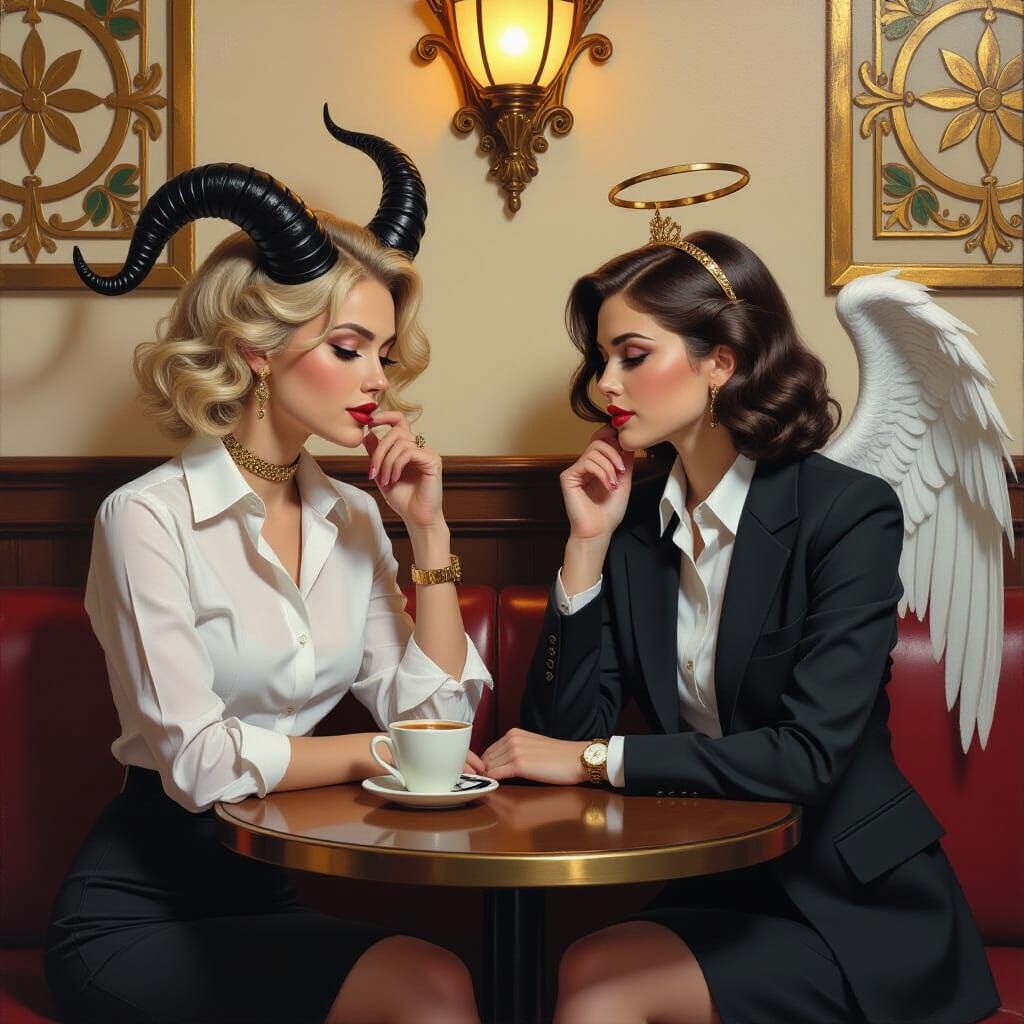 Daemonette Lawyer and Angel Arguing, Pre-Raphaelite Oil Pain...