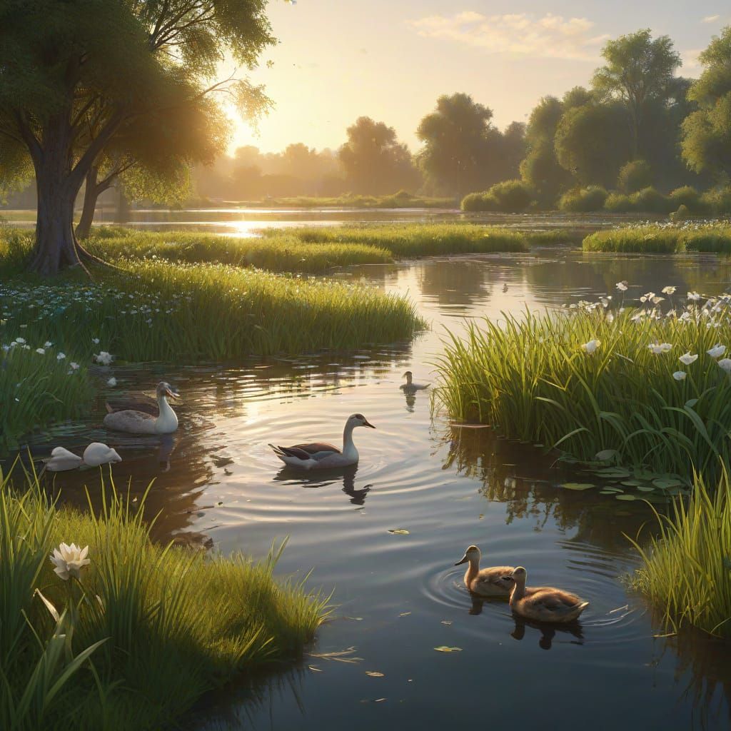 Ducks, Swans, and Geese in a Golden Hour Pond Scene