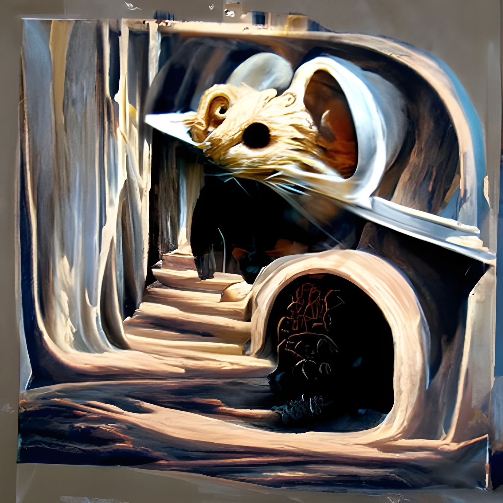 Mouse Navigating Maze in Oil Painting Style
