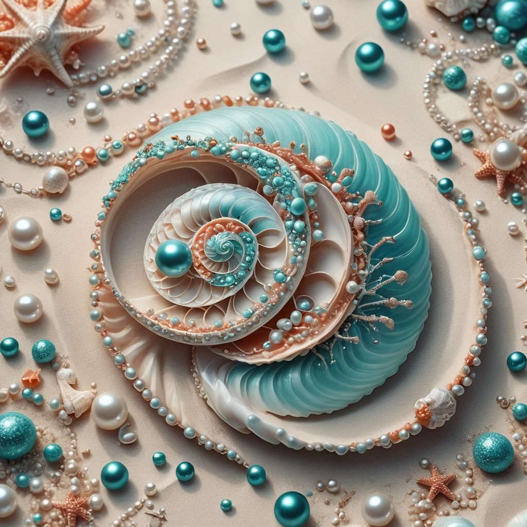Spiral Shell with Pearls in Fantastical Digital Art