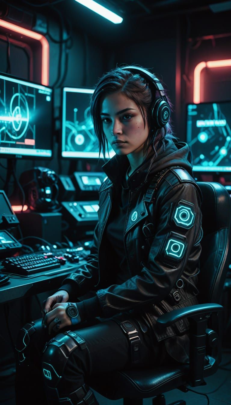 Cyberpunk Gamer Girl in Neon-Lit Studio