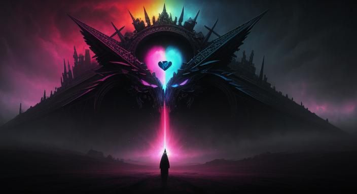 Surreal Black Heart in Rainbow Nightmare Hellscape