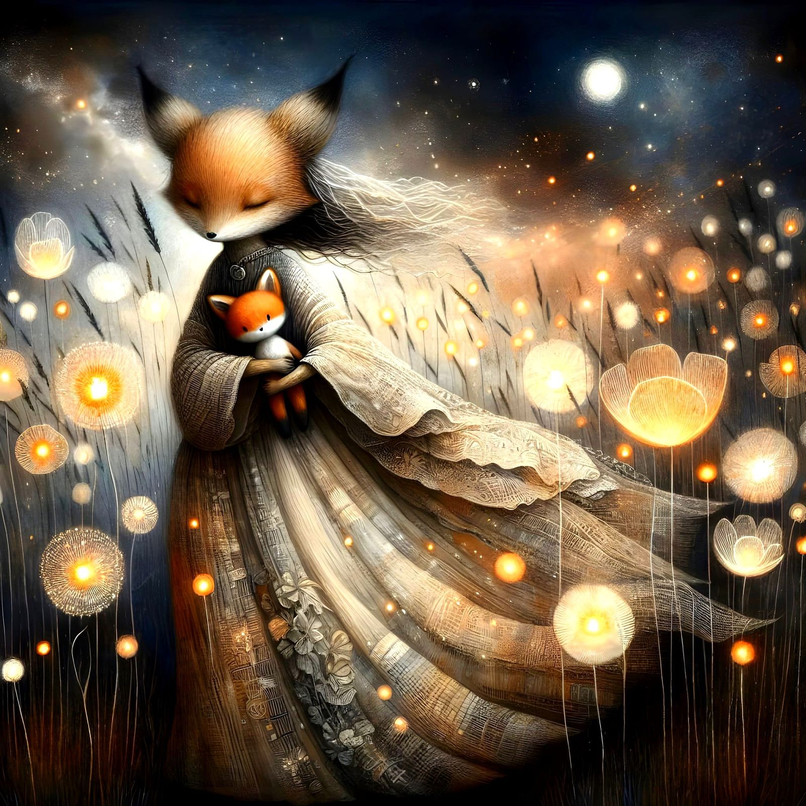 Girl with Fox Ears in Ethereal Glowing Meadow