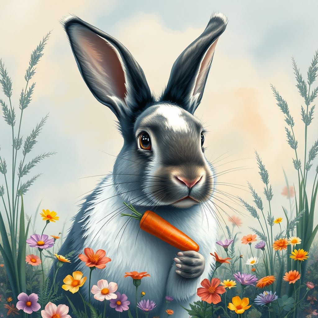 Majestic Watercolor Rabbit in Whimsical Landscape