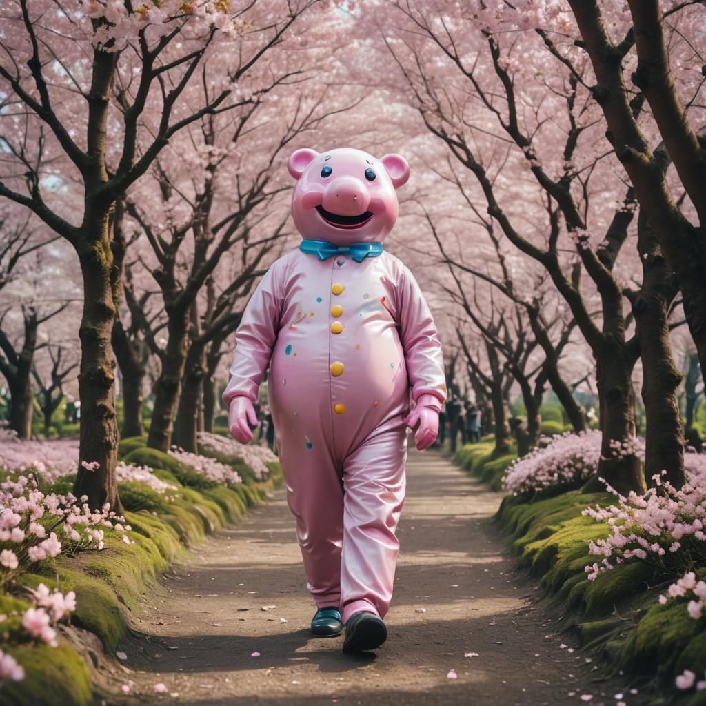Mr. Blobby in Surreal Cherry Blossom Forest