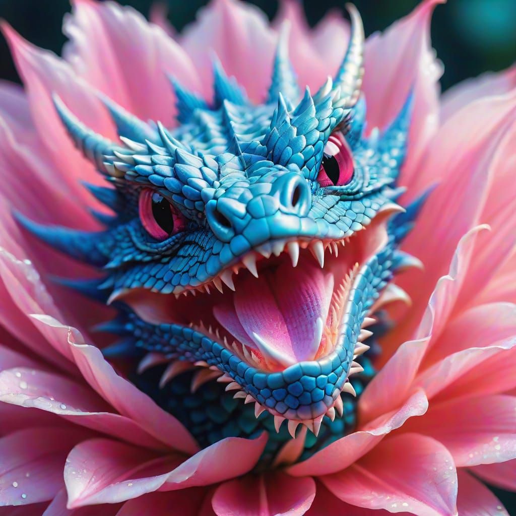 Tiny Blue Dragon in Pink Flower: Macro Oil Painting