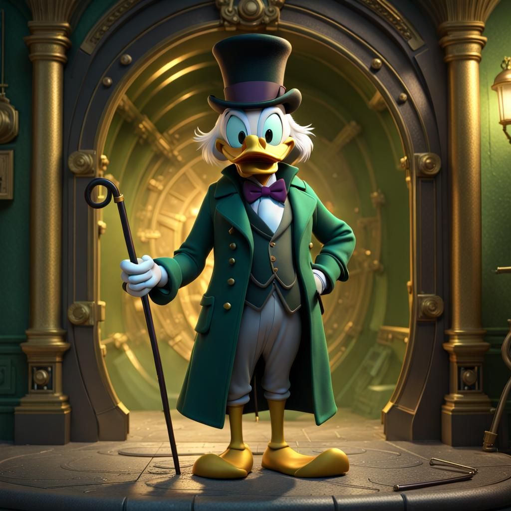 "Scrooge McDuck wearing a black top hat and a green coat with a cane he is standing in gold vault. Style Pixar, Disney, ...