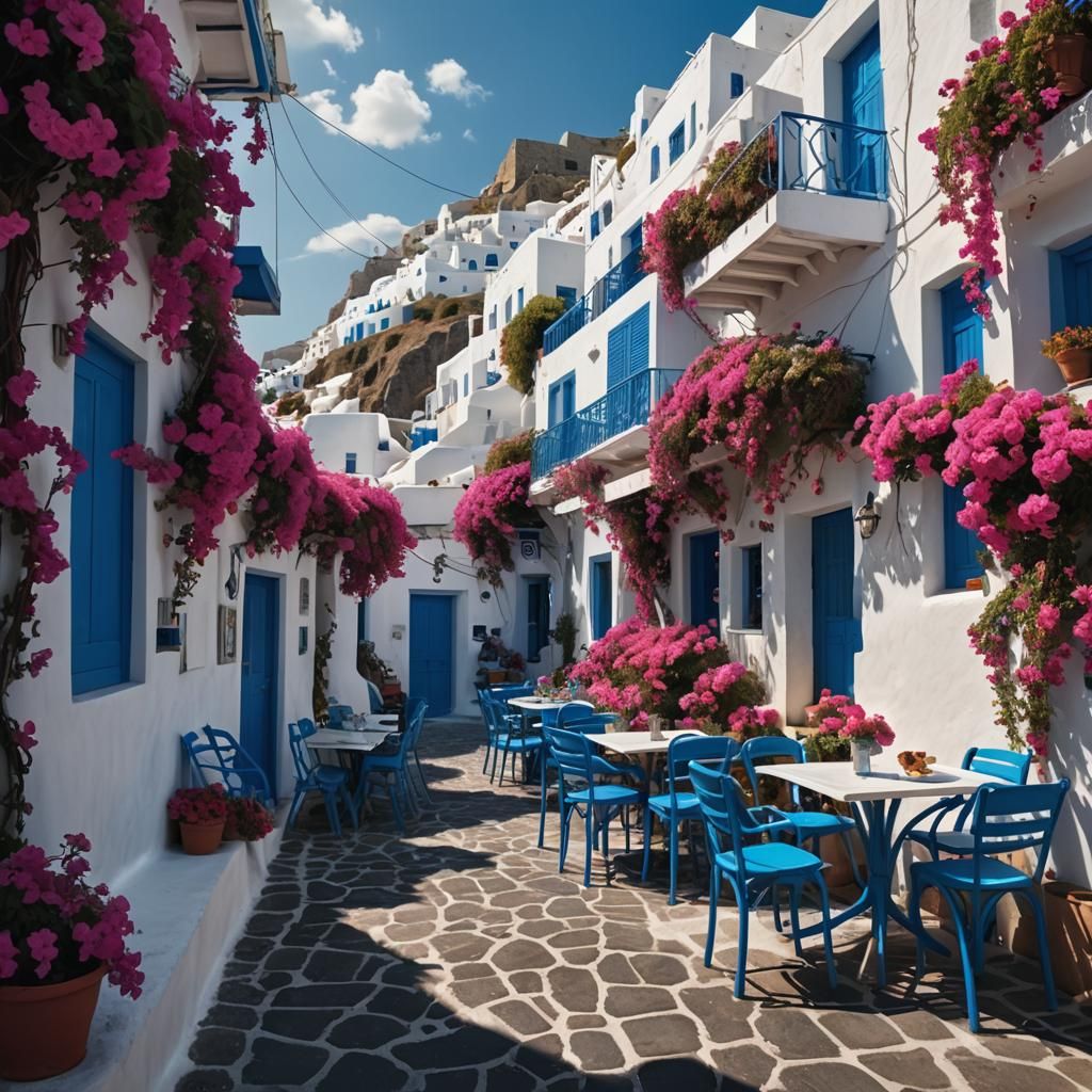 Santorini Streets with Pink Flowers: Digital Painting