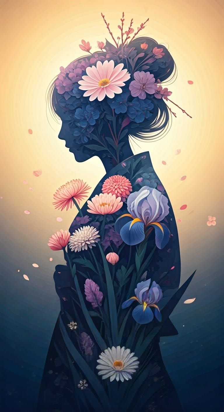 Ethereal Woman Silhouette in Blooming Floral Elegance