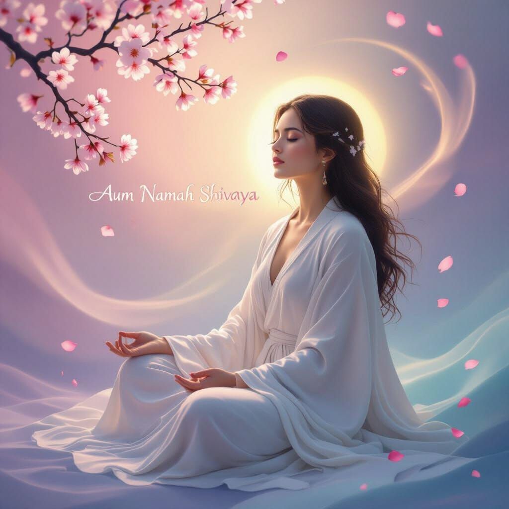Ethereal Woman Meditating in Cosmic Flow with Cherry Blossom...