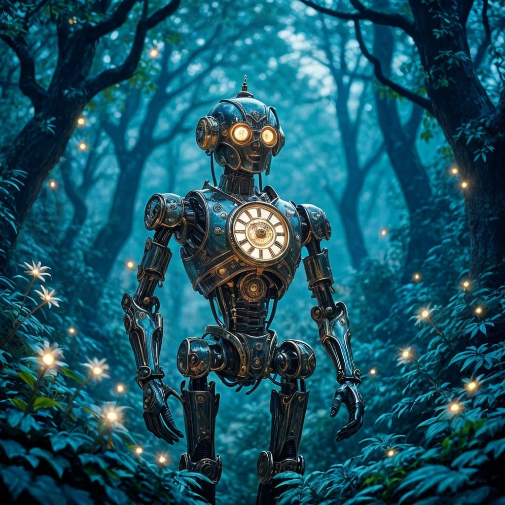 Clockwork Automaton in Bioluminescent Forest at Twilight