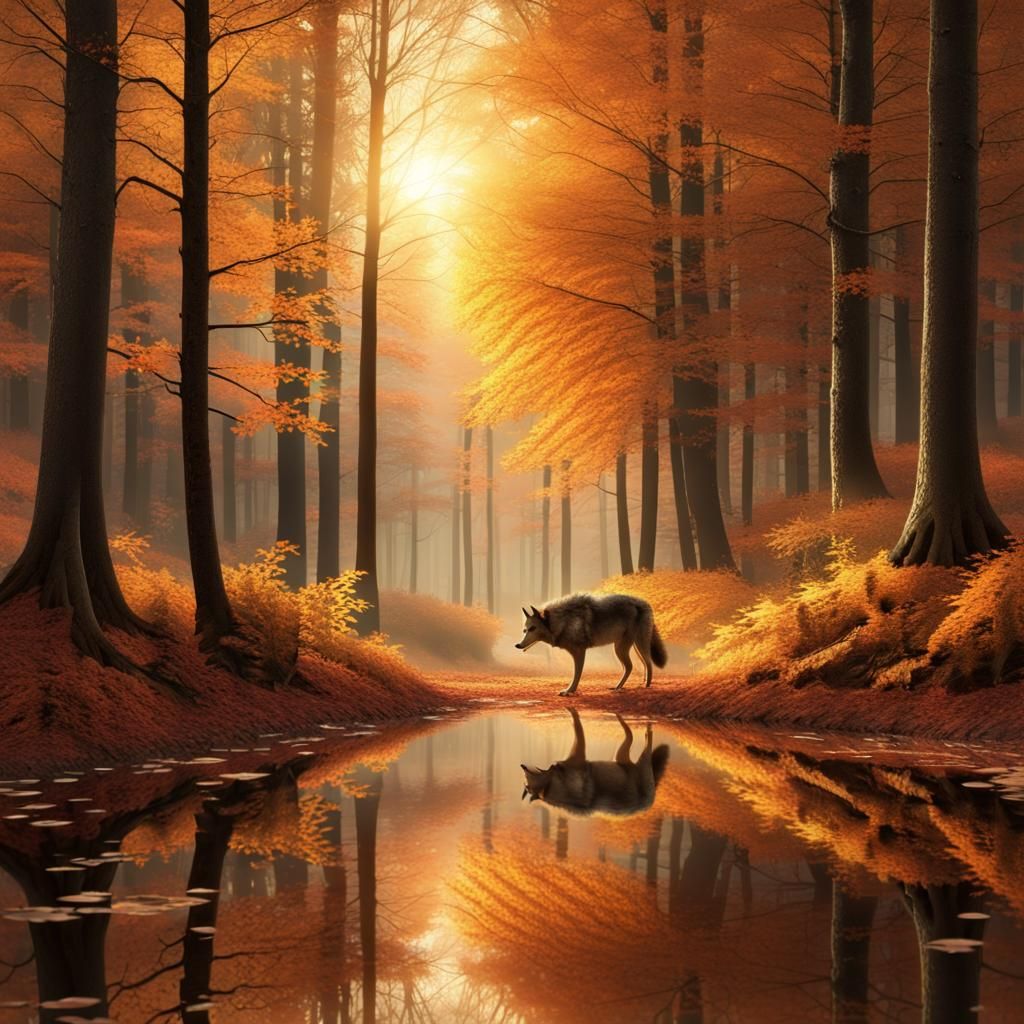 Autumnal Forest Scene with Lone Wolf