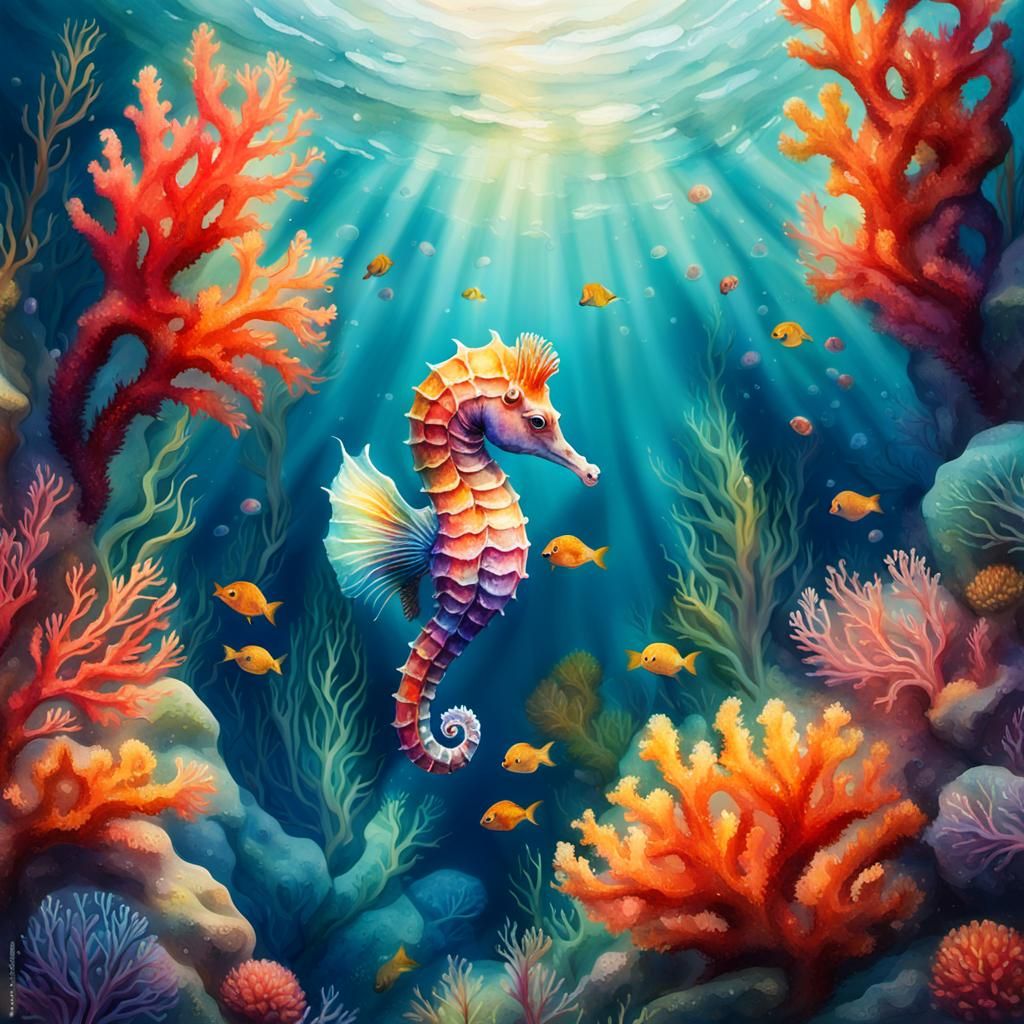 Watercolor Seahorse Portrait in Sunlight