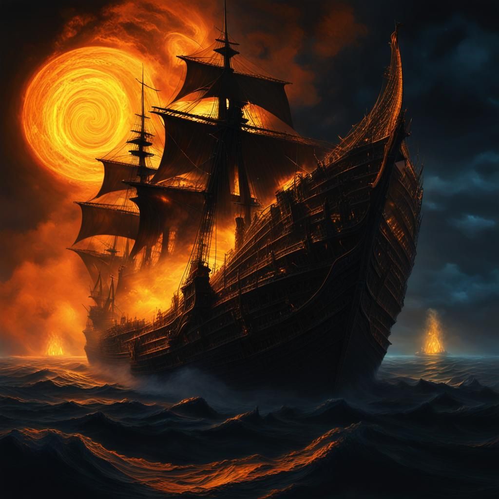 Burning Ship Under Black Sun: Digital Matte Painting