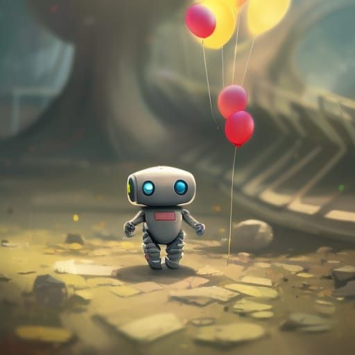 Cute Robot with Balloon: Hyperdetailed Digital Art