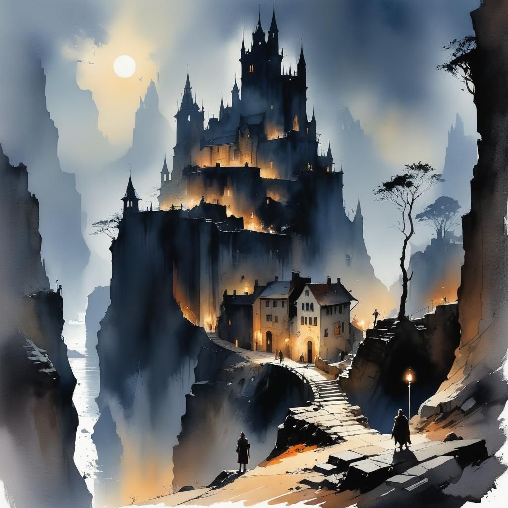 Grimdark Urban Landscape in Watercolor Style