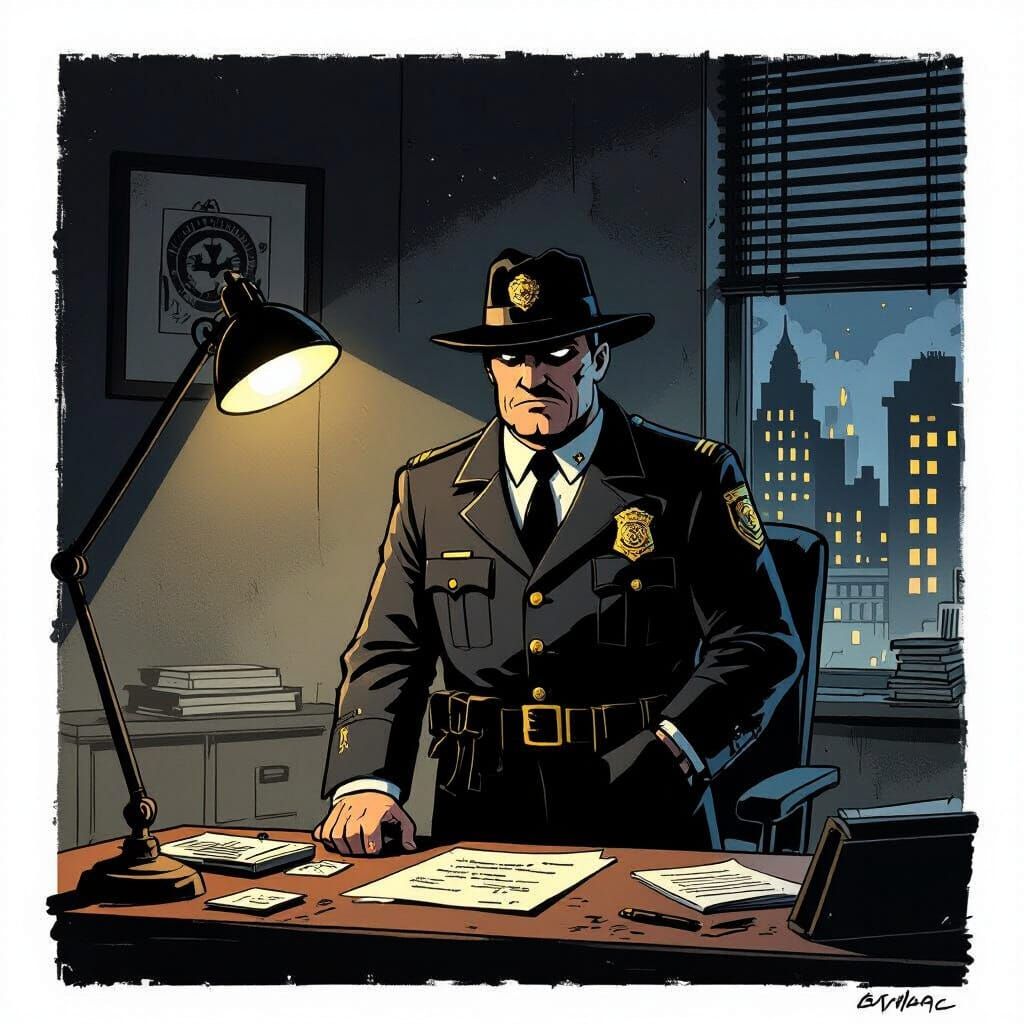 Chief Marlowe: Stoic Police Chief in Noir Cartoon Style