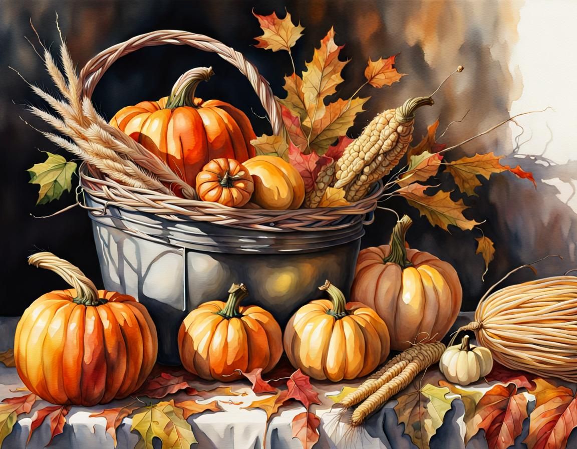 Vibrant Watercolor Painting of Autumn Harvest
