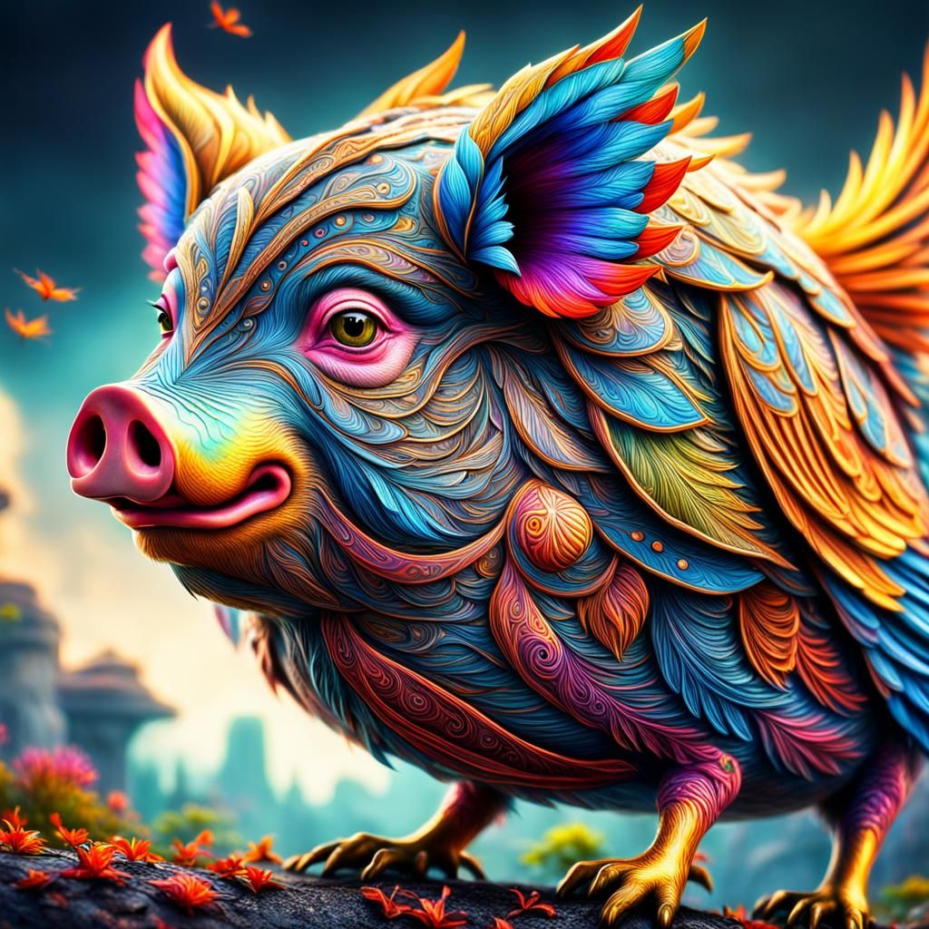Vibrant Hybrid Pig Bird in Fantasy Style