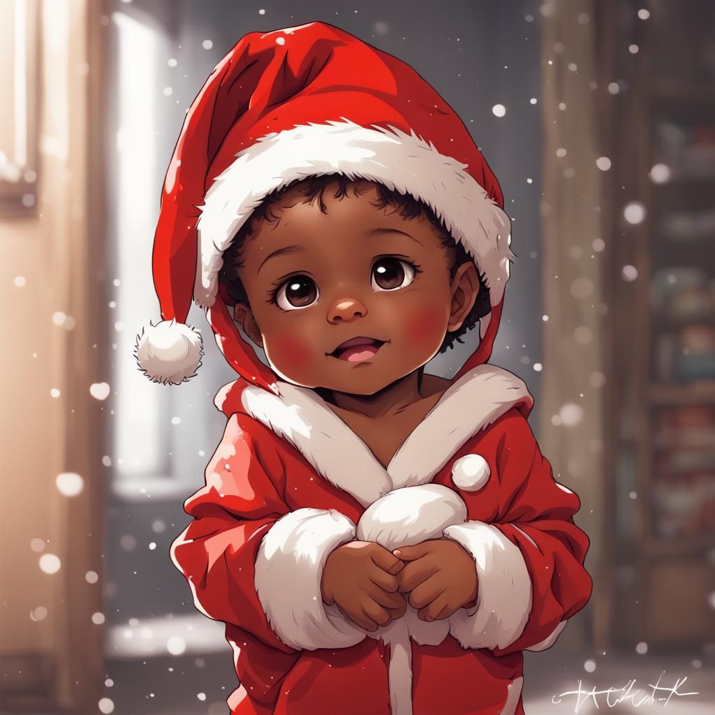 Cute African American Baby in Santa Hat, Anime Style