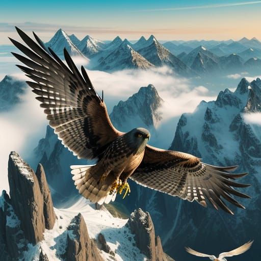 Majestic Hawk Dives from Snow-Capped Peaks in a Vibrant, Sty...