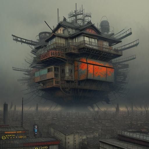 Dystopian Dome City in Ukiyo-e Style