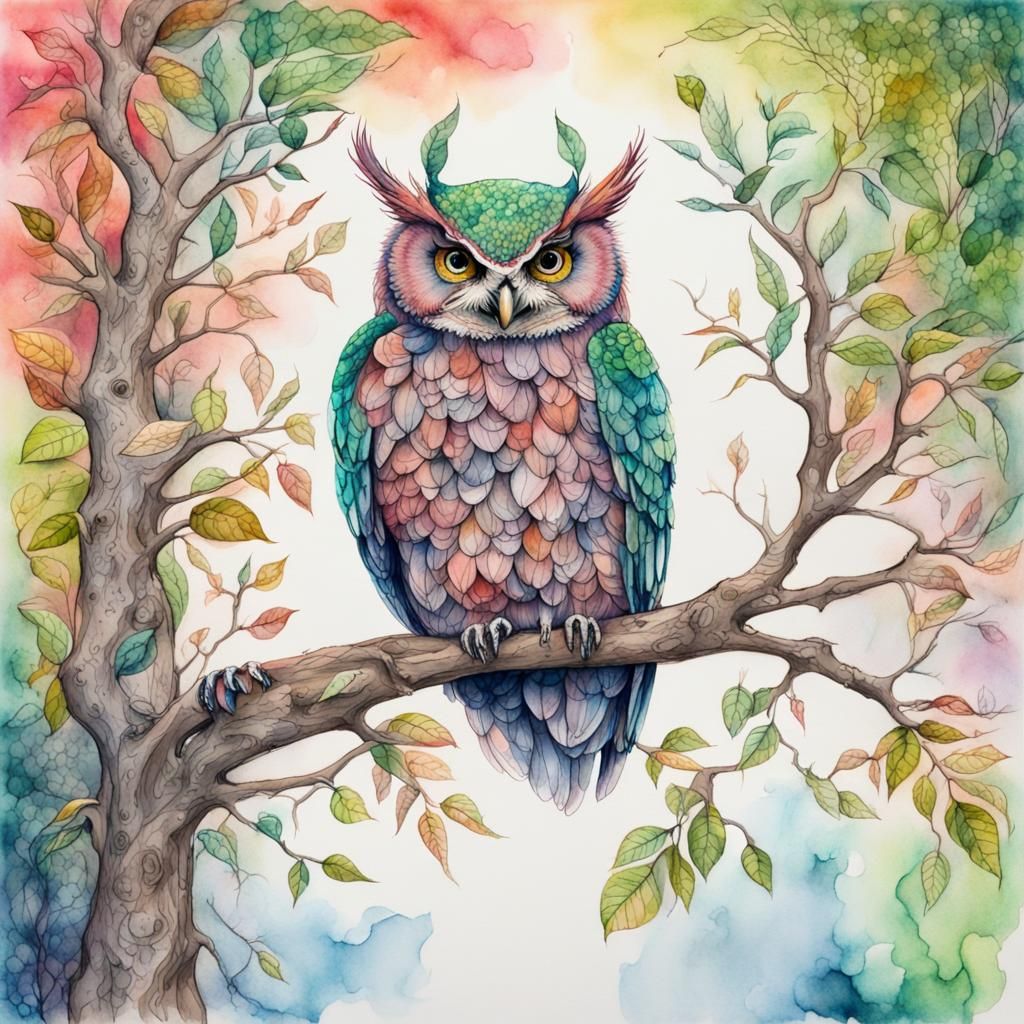 Detailed Watercolor Owl on Branch with Green Leaves