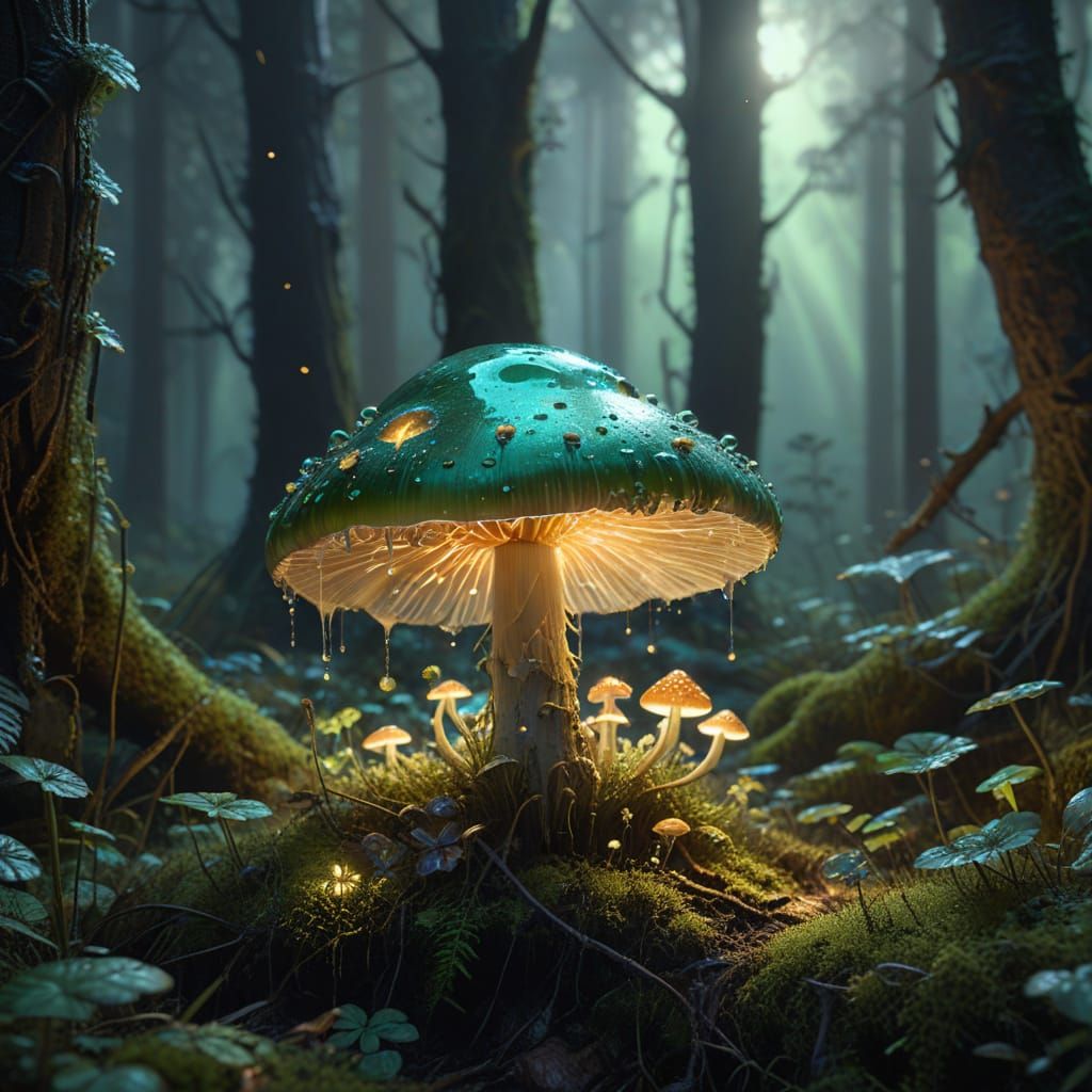 Glowing Green Mushroom in Ethereal Forest Light