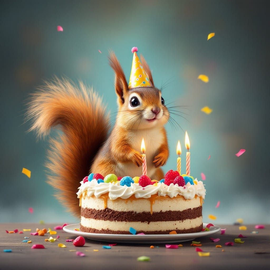 Joyful Birthday Squirrel Pops Out of Whimsical Cake