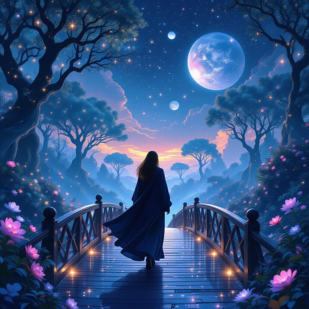 Cosmic Traveler on Star Bridge in Surreal Forest