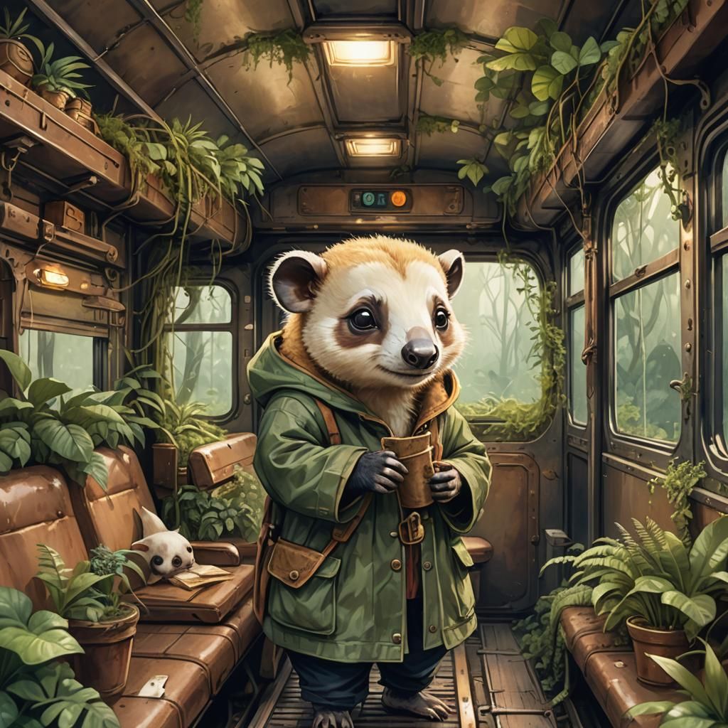 Chibi Tamandua in Overgrown Train Car