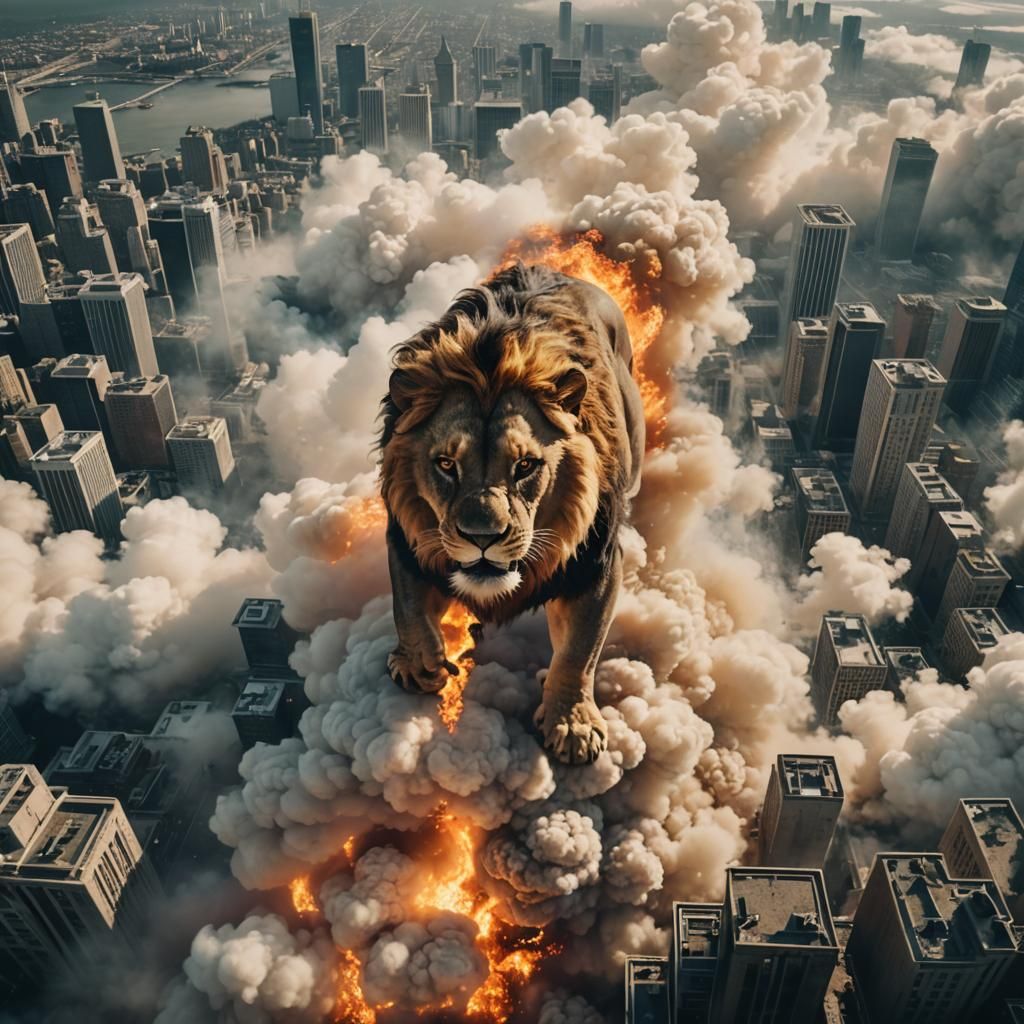 Fiery Lion Descends Upon City: Cinematic Still